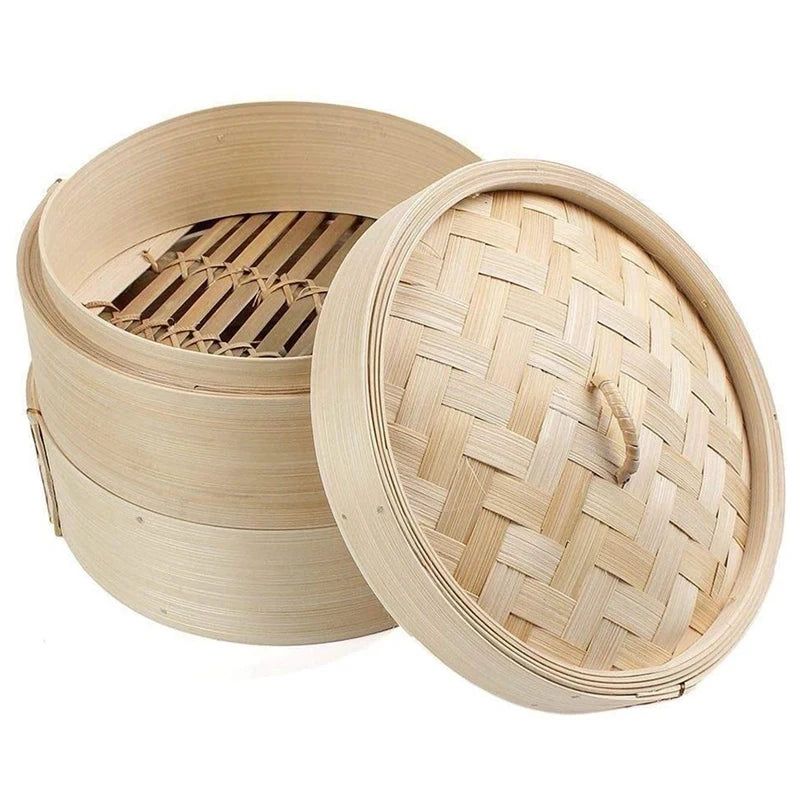 Bamboo Steamer 2 Tier 8 Inch Dim Sum Basket Rice Pasta Cooker Set With Lid By Steam Basket For Vegetables Oasis Select