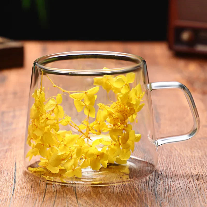 Petal Quicksand Coffee Cup High Appearance Level Dried Flower Real Flower Double Creative Drink Milk Glass Oasis Select D 200ML