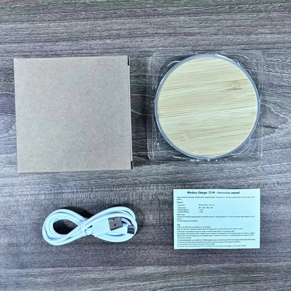 Bamboo 15W Qi Wireless Charger – USB-C Fast Charging Pad