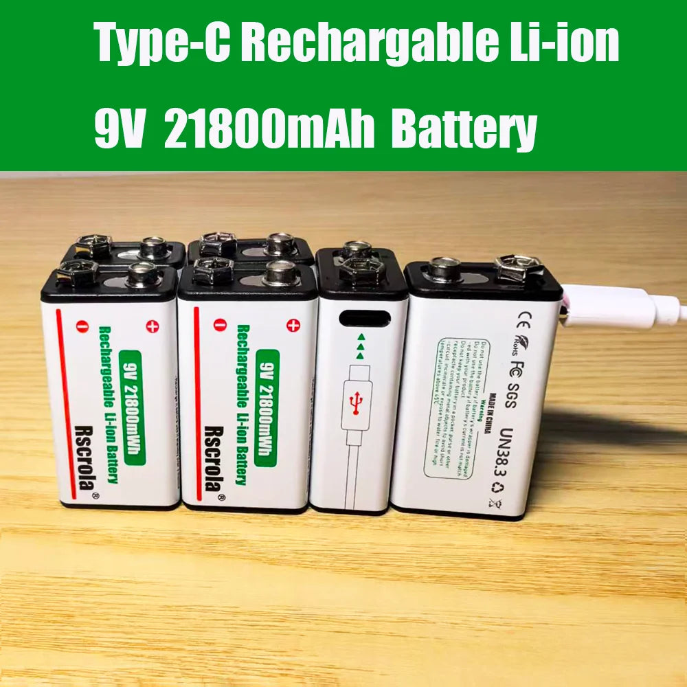 21800mWh High Capacity Rechargeable 9V Lithium ion Battery with USB-C for Guitar Microphone Smoke Detector Pedal with Cable Oasis Select