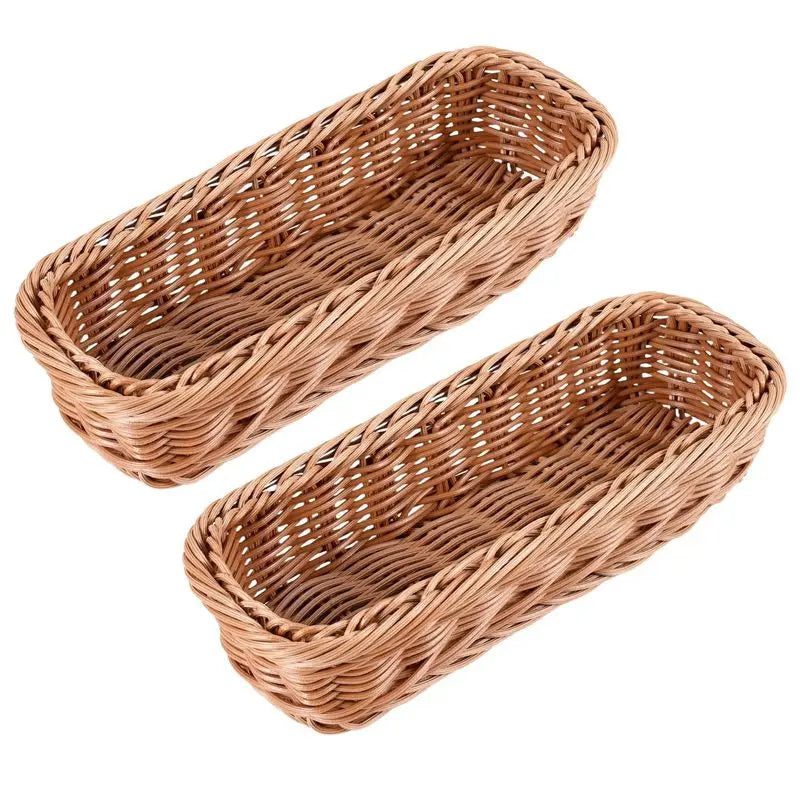 LIKE WISH 2Pc Rattan Plastic Basket Cutlery Basket Rectangular Storage Box Cutlery Fork Chopsticks Bread Cake Fruit Storage Oasis Select