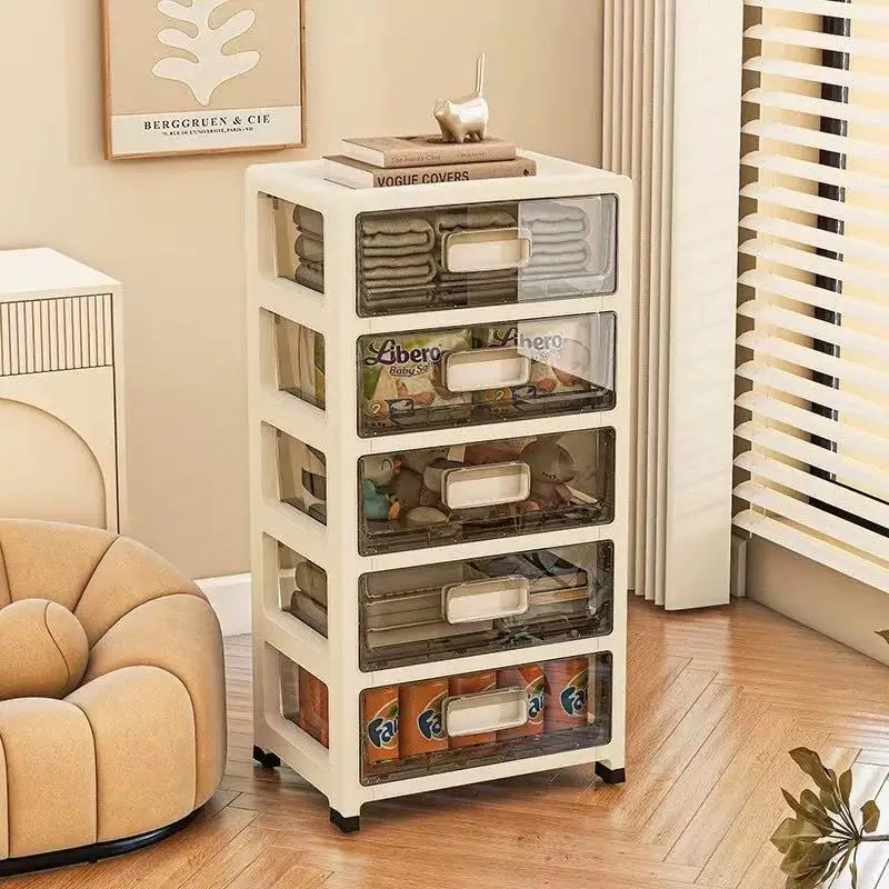 COIZYZZL 3-6 Tier Storage Cabinet,Large Capacity & Space-Saving Organizer, Transparent Cream Color for Living Room/Bedroom/Study Oasis Select