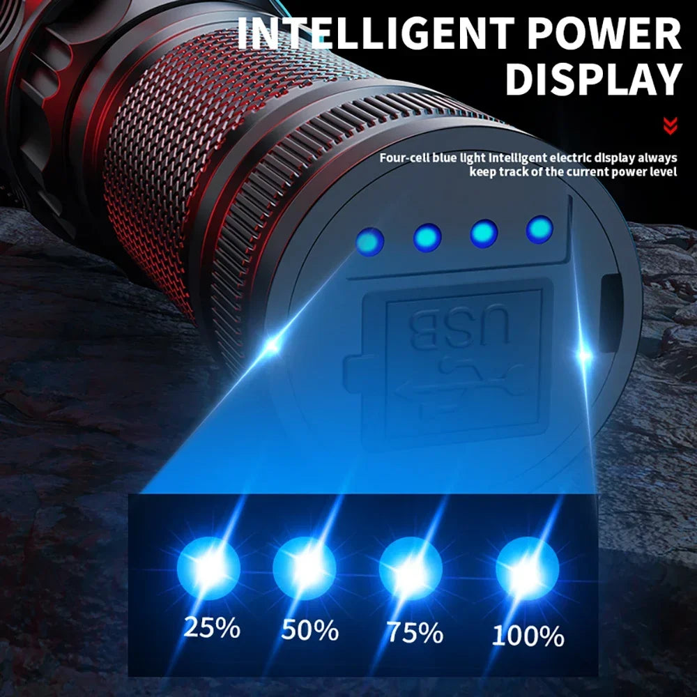 100000 Lumen Super Bright Spotlight Long Range LED Flashlight Built-in Battery USB Charging Waterproof Portable Camping Torch Oasis Select