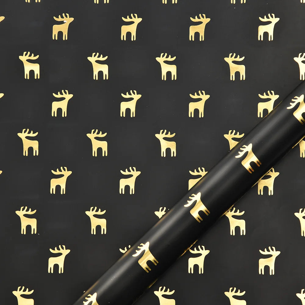 Black and Gold Foil Christmas Wrapping Paper – Reindeer & Snowflake Design on Glossy Coated Sheets for Holiday Gifts Oasis Select Style 3-50x70cm
