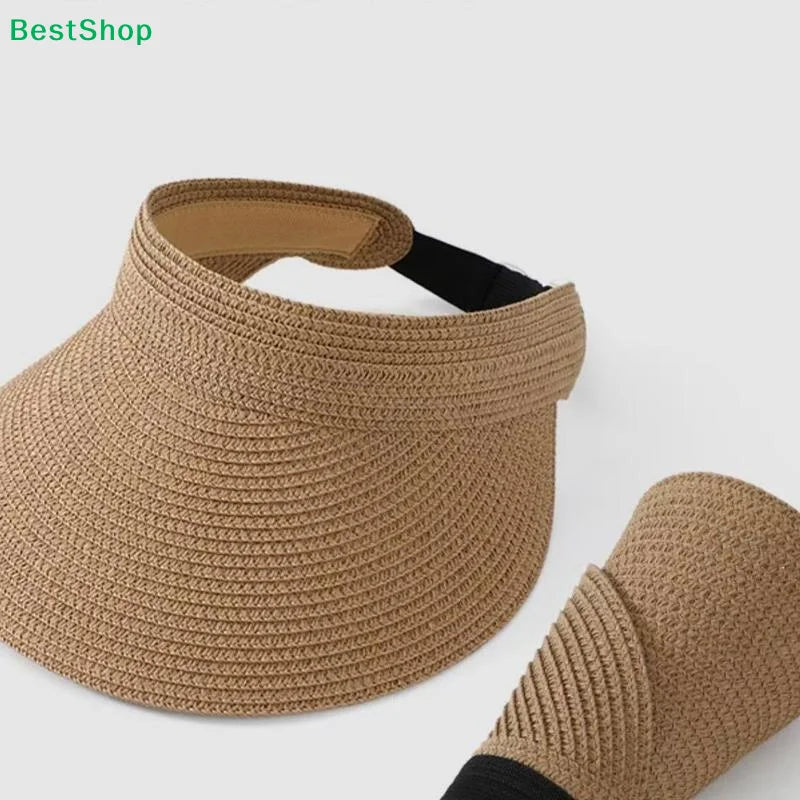 UPF 50+ Wide Brim Straw Visor Hat – Foldable Ponytail Beach Hat