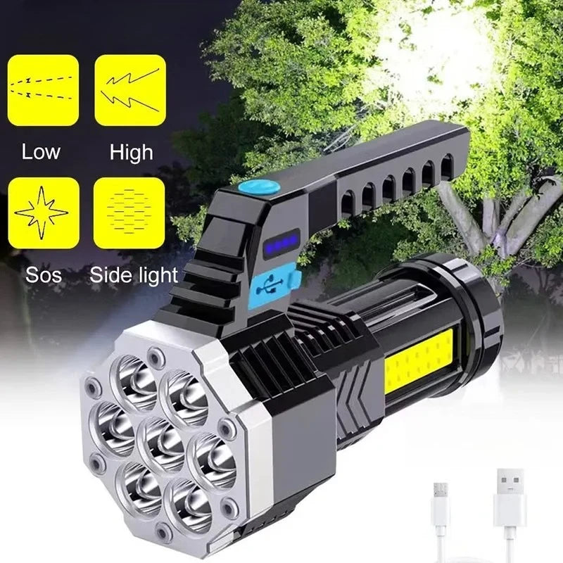 High Power Rechargeable Led Flashlights 7LED Camping Torch With Cob Side Light Lightweight Outdoor Lighting ABS Material Oasis Select
