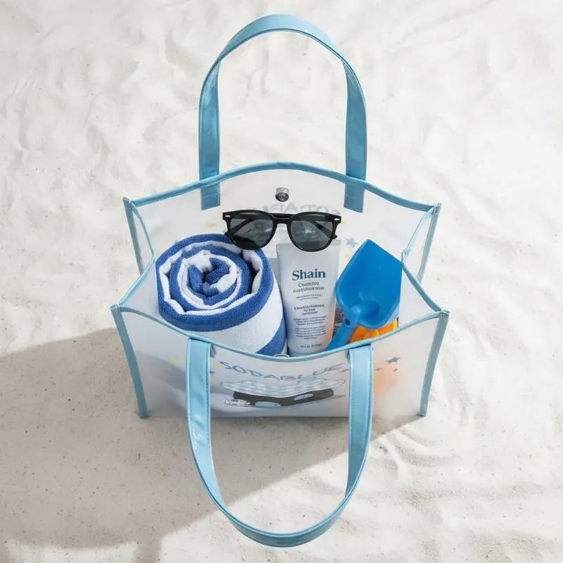 Blue Printed PVC Tote Bag – Waterproof Summer Shopper for Women