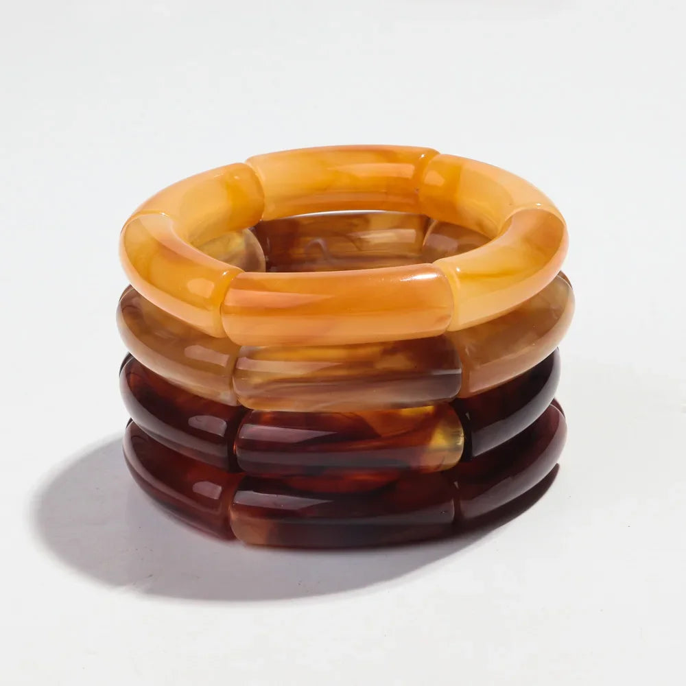 Fashion Acrylic 4PCS/Set Resin Amber Bamboo Bead Elastic Bracelet Bangles Tube Beads Handmake 2024 Trendy Designer Bracelet Set Oasis Select Amber