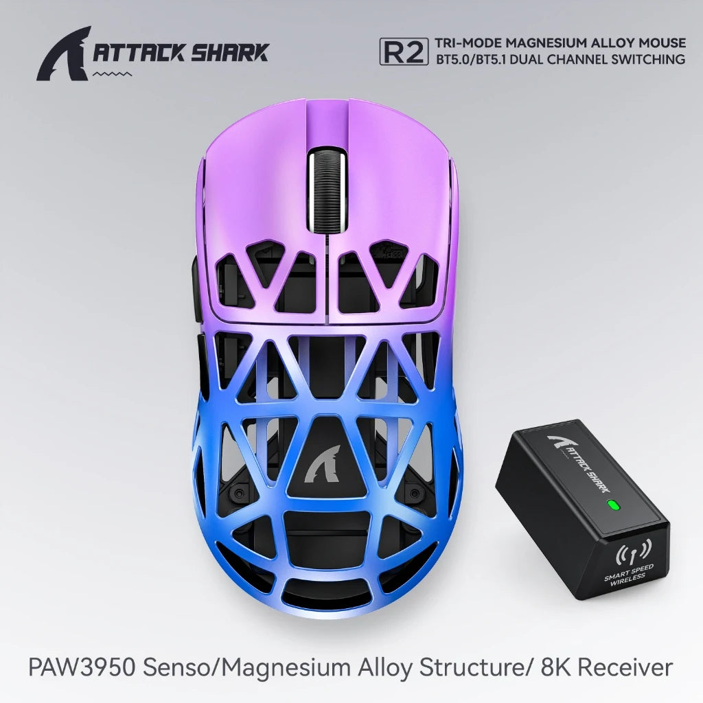 Attack Shark R2/8K Magnesium Gaming Mouse-8000Hz Polling, 48g Ultra Light, Tri-Mode Wireless, PAW3950Max Sensor with R2 Mini Oasis Select R2 Twilight Purple