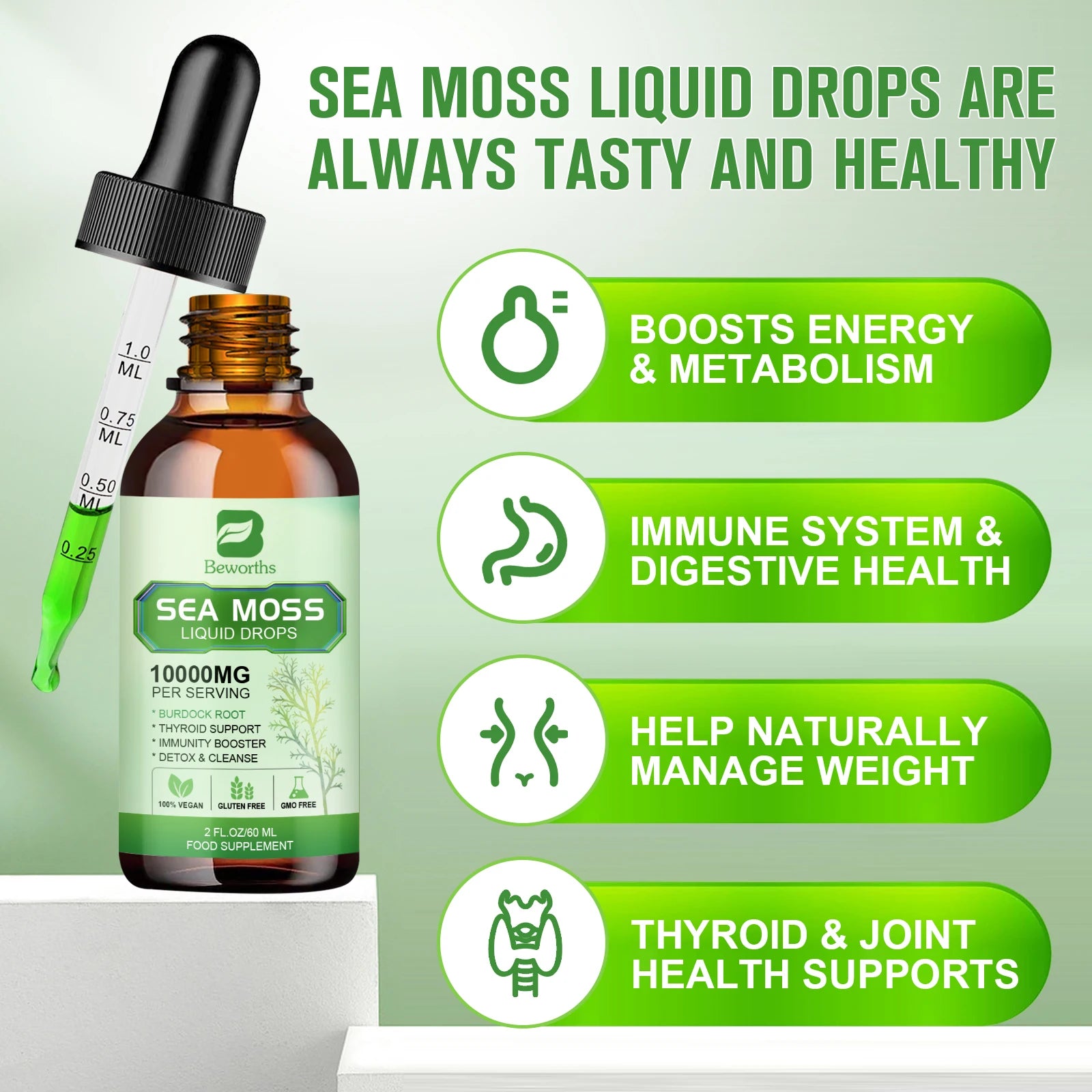 BEWORTHS Organic Seamoss Drops with Burdock Root and Spirulina Support Immunity and Gut Health, Help Digestion Weight Management Oasis Select