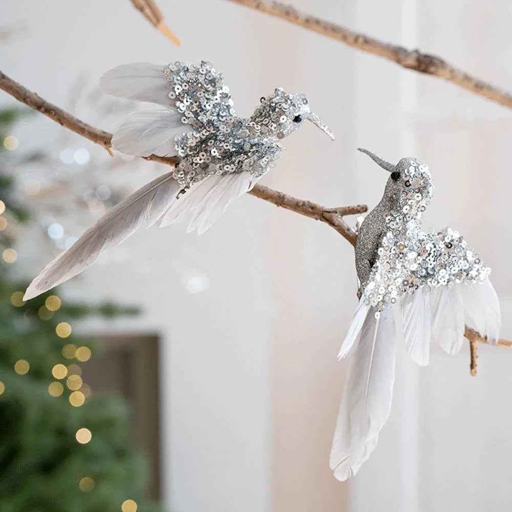 Glitter Feather Bird Christmas Ornaments – Set of 2