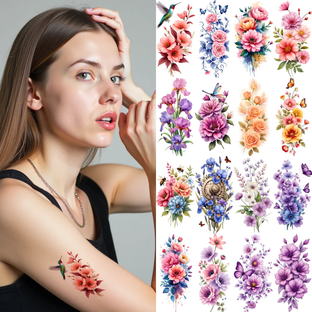 9-Pack Floral Temporary Tattoos – Rose, Lily & Harp Designs