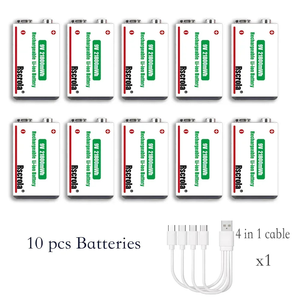 21800mWh High Capacity Rechargeable 9V Lithium ion Battery with USB-C for Guitar Microphone Smoke Detector Pedal with Cable Oasis Select 10 pcs 9v Batteries 9v