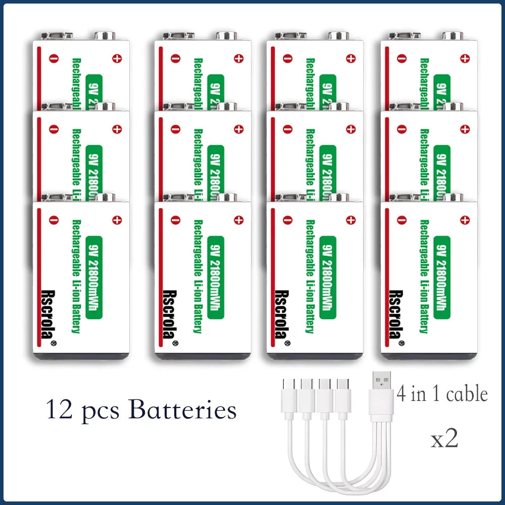 9V Lithium ion Rechargeable Battery 21800mWh High Capacity Long-Lasting for Guitar Microphone Smoke Detector Pedal with Cable Oasis Select 12 pcs 9v Battery 9v