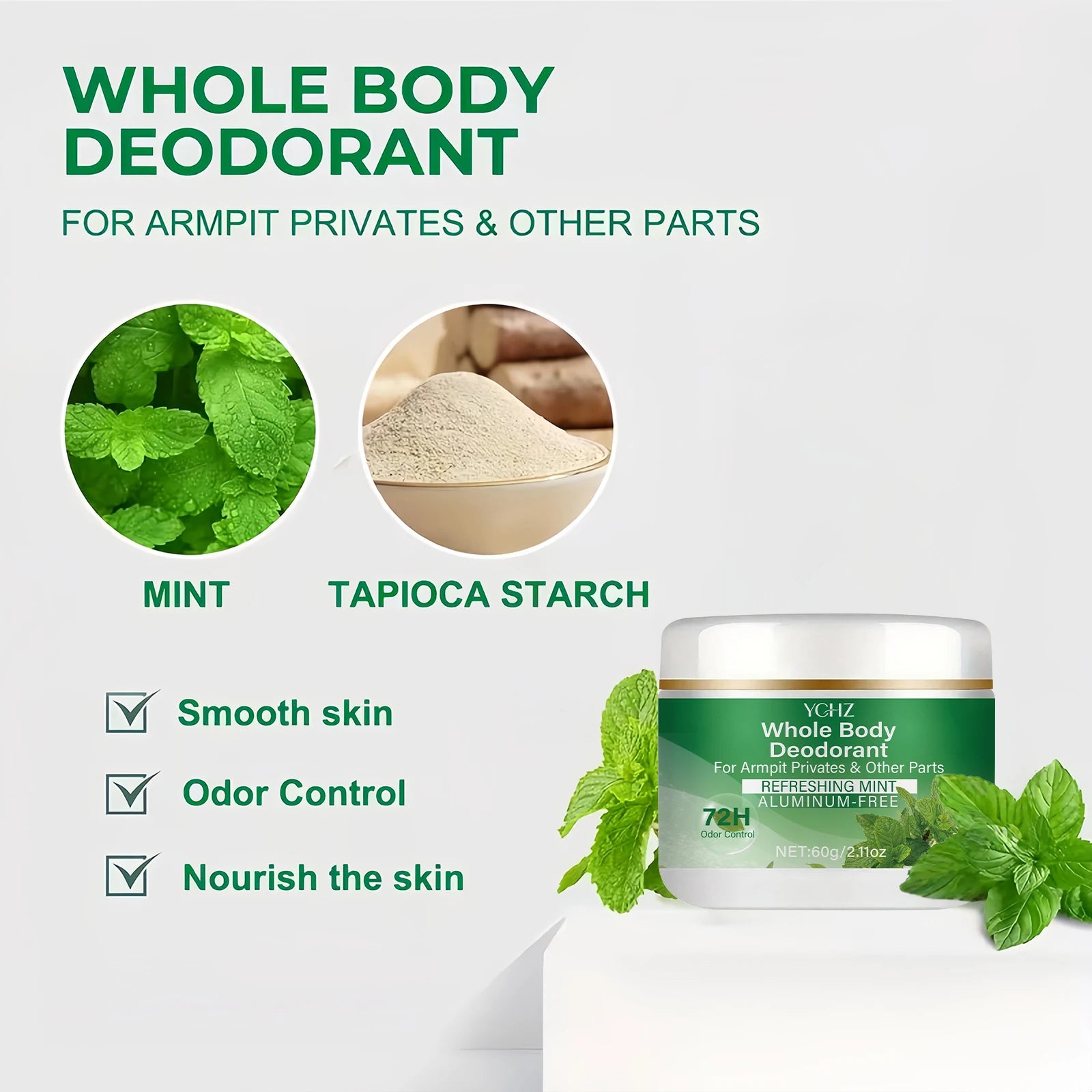 YCHZ Mint Vegan Deodorant Balm – 72-Hour Odor Control, 60g