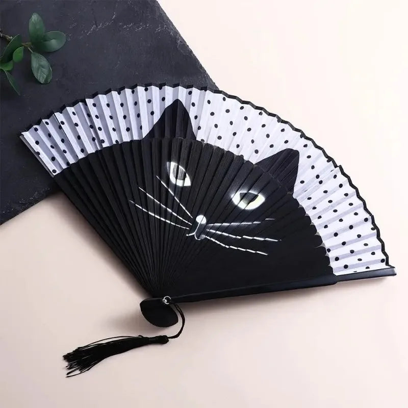 Chinese Style Summer Gift Cat Patterns Handmade Cartoon Home Decoration Silk Fan Folding Fan Fan Crafts Portable Bamboo Fan Oasis Select