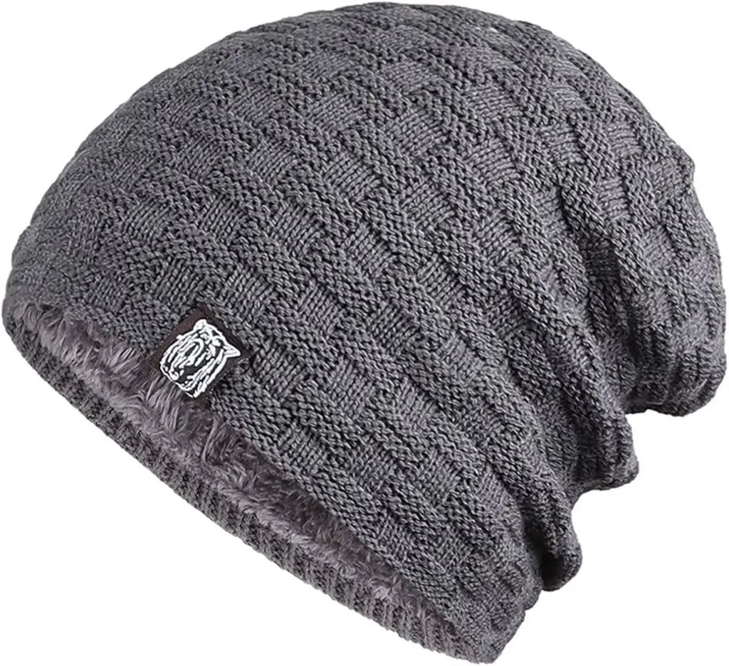 Mens Plush Lining Beanie Winter Hat Outdoor Sports Keep Warm Knitted Skully Hat Cycling Camping Cap Cold Weather Gear Oasis Select grey
