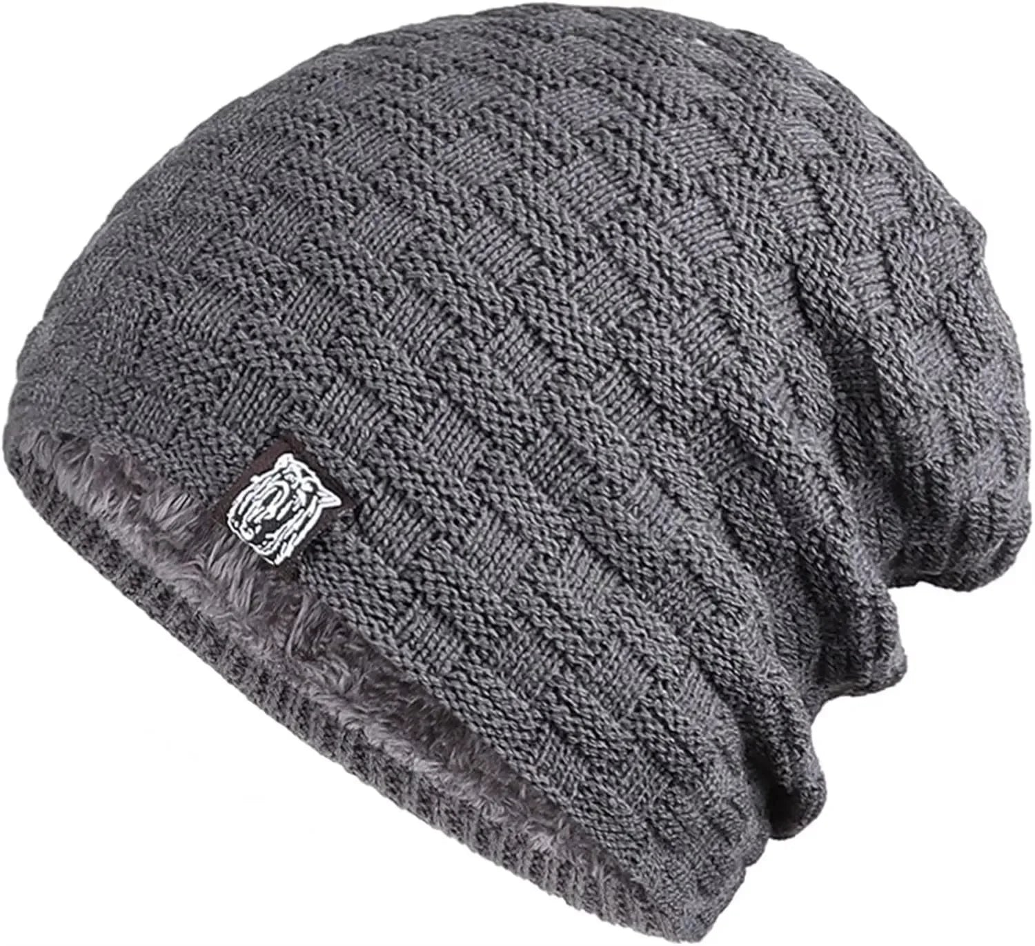 Mens Plush Lining Beanie Winter Hat Outdoor Sports Keep Warm Knitted Skully Hat Cycling Camping Cap Cold Weather Gear Oasis Select grey