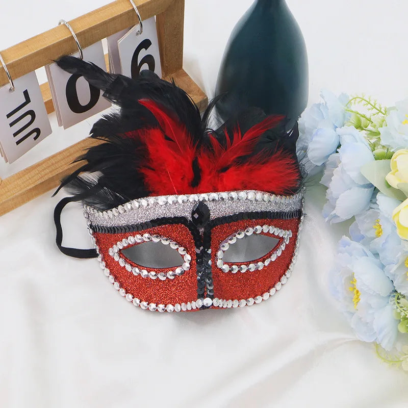 Halloween Phoenix Tail Feather Mask Rhinestones Glitter Half Face Masks Sexy Masquerade Ball Eye-Mask Cosplay Costume Party Deco Oasis Select Red
