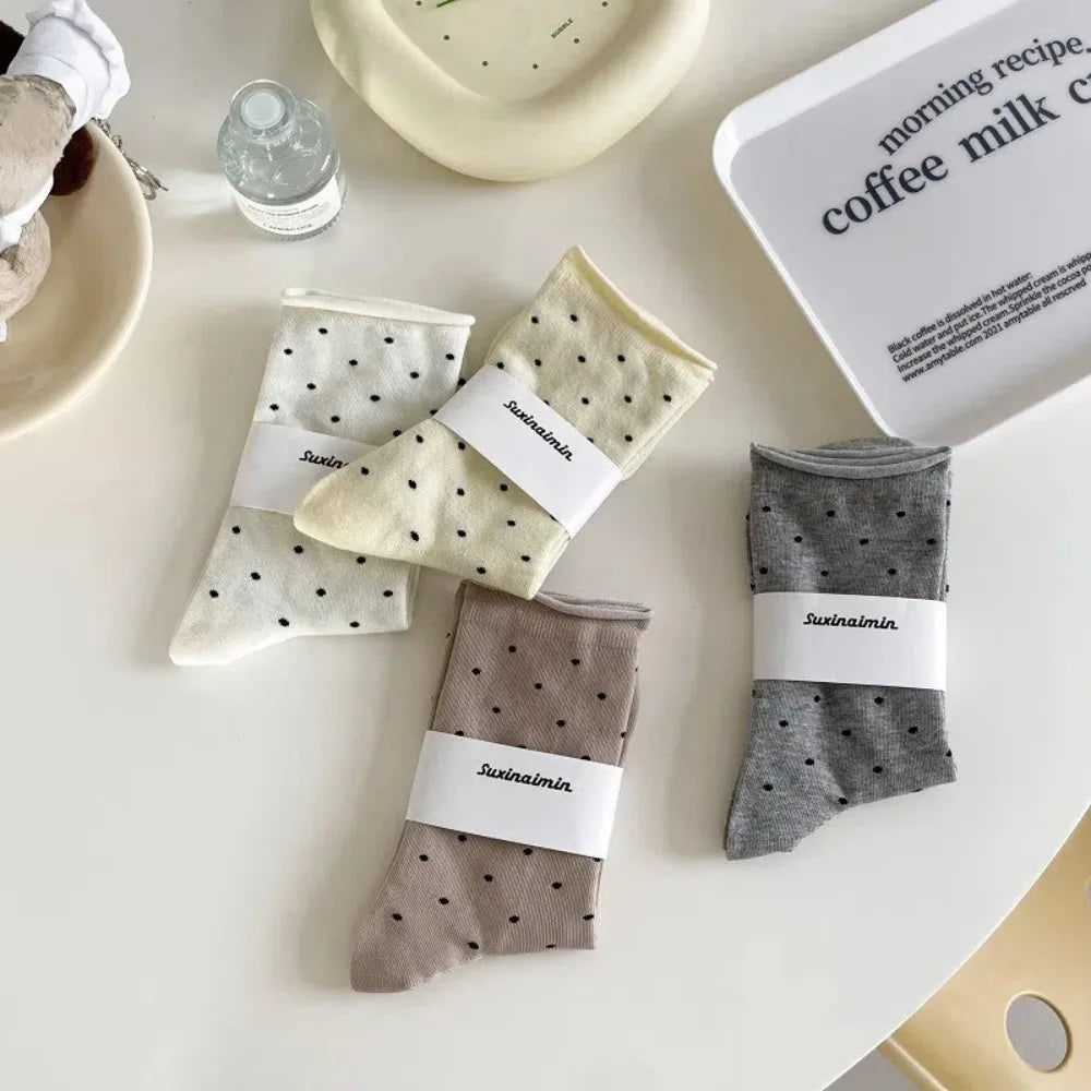 Comfortable Curled-edge Polka Dot Socks Thin Breathable Mid-Tube Socks Sweat Absorbent Women's Socks Summer Oasis Select