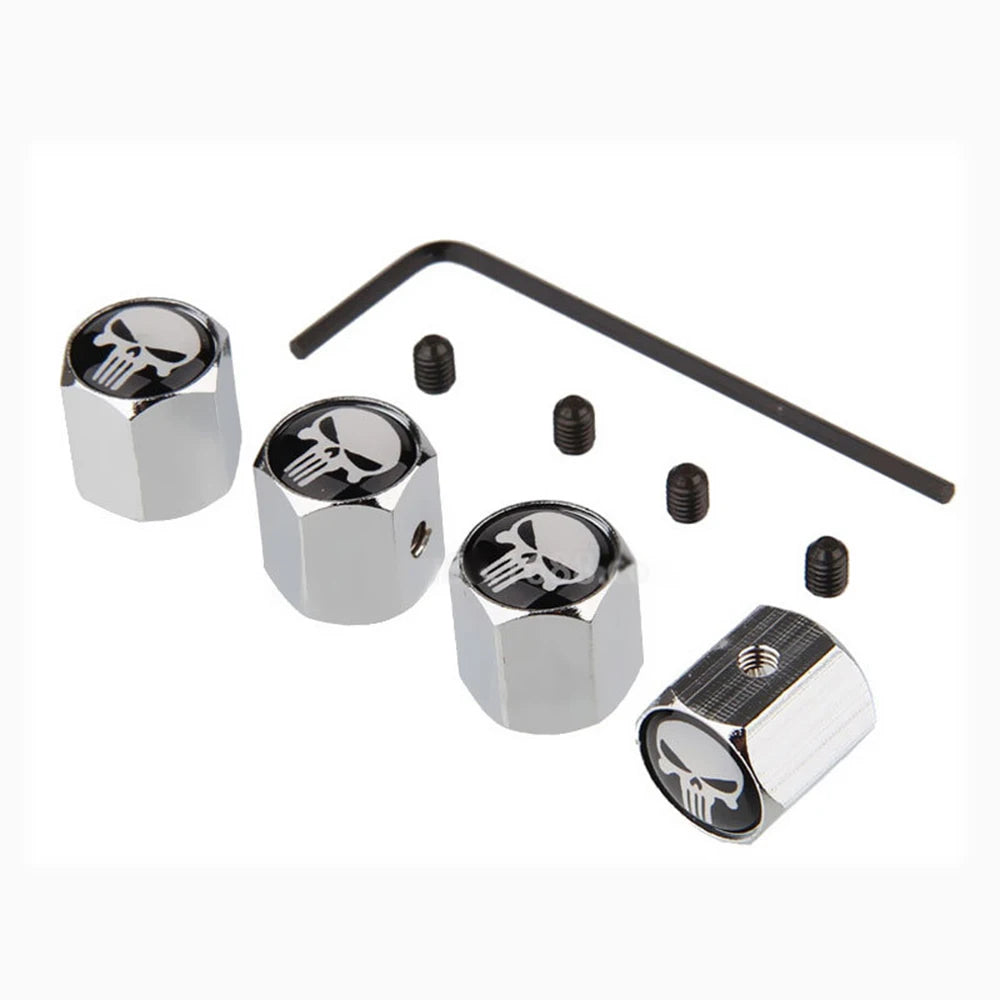 4Pcs/Set Car Styling Zinc Alloy Anti-theft Skull Style Car Tire Valve Caps Wheel Tires Tire Stem Air Cap Airtight Covers Oasis Select Silver White