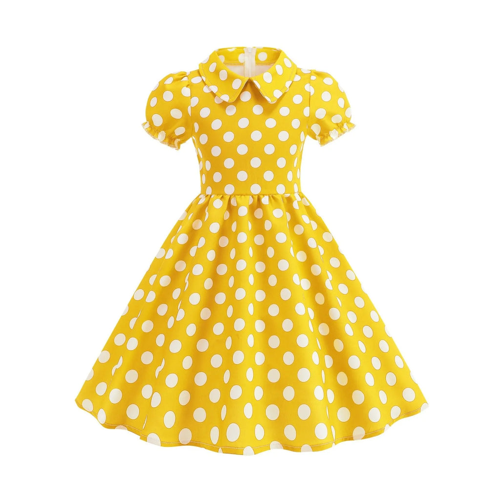 2025 Children Little Girl Vintage Summer Short Dress Turn Down Collar Polka Dot Print Cotton Princess Cocktail Dresses 1950s 60s Oasis Select Yellow 150