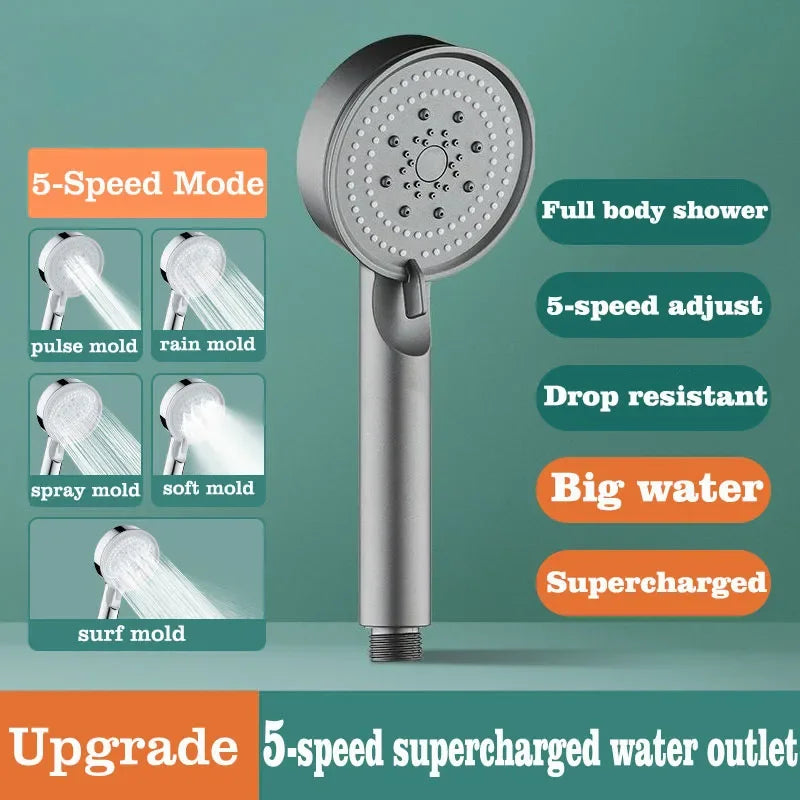 5 Modes Shower Head Set with Water Pipe Bracket Adjustable High Pressure Water Saving Shower Head Water Massage Shower Head Oasis Select grey