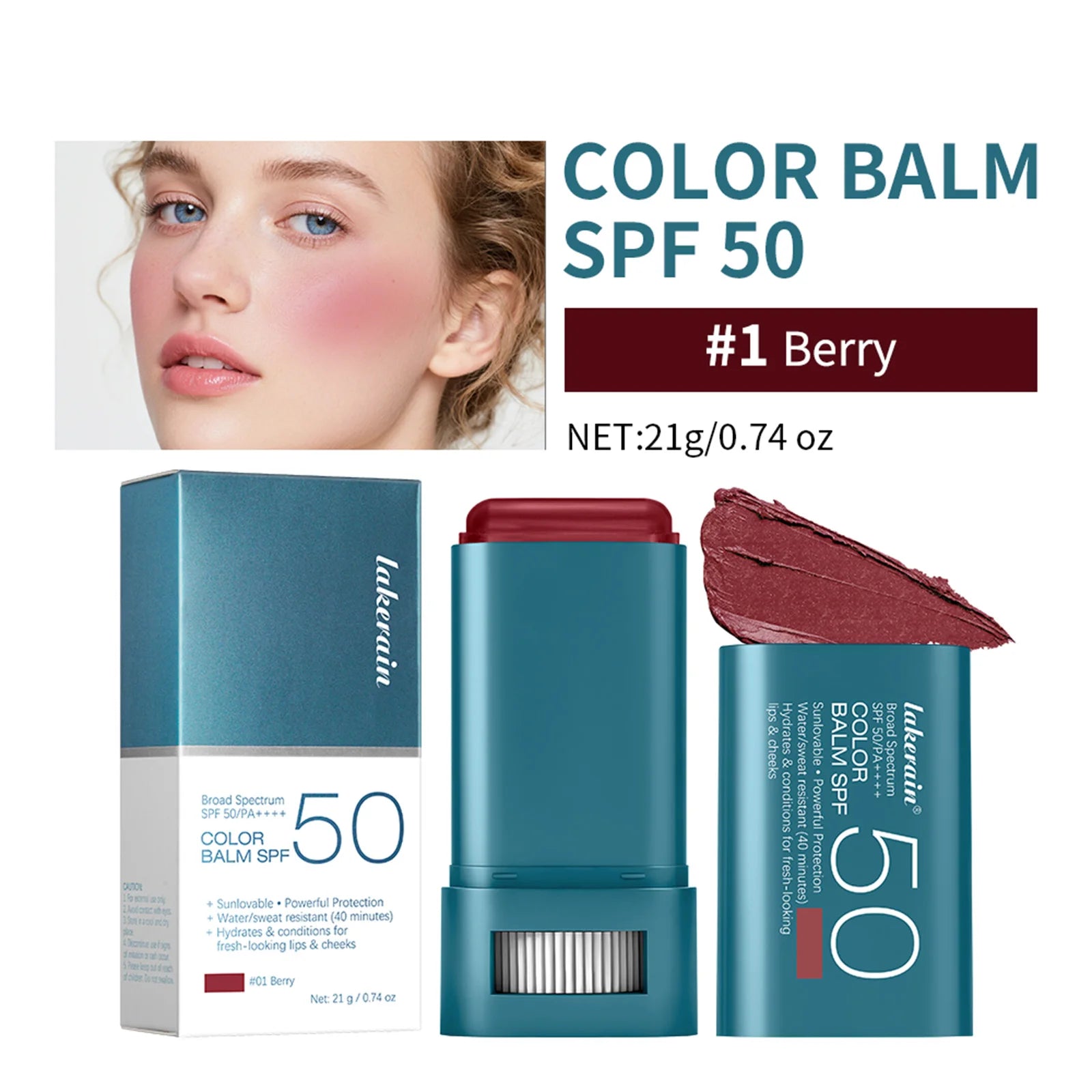 SPF 50 Sun Color Blush Balm Lip & Cheek Tint Hydrating Water Resistant Long Lasting Buildable Blush Natural Makeup Oasis Select 01 Berry