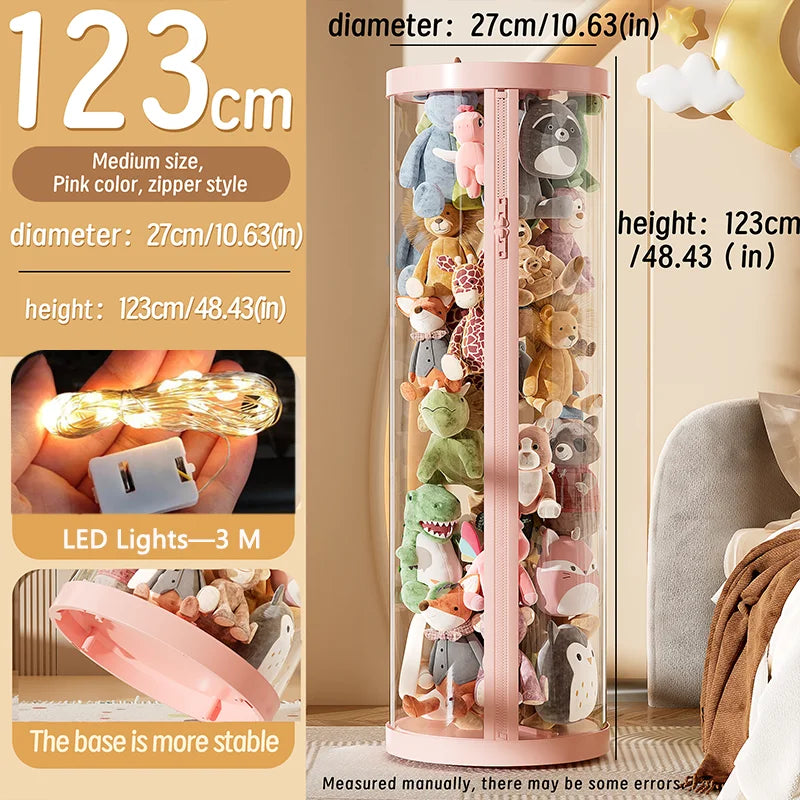 Transparent Doll Storage Box Plush Toy Organization Toy Storage Tube DIY Zipper Bins Kid Christmas Gift Children's Toy Organizer Oasis Select pink-M-With light