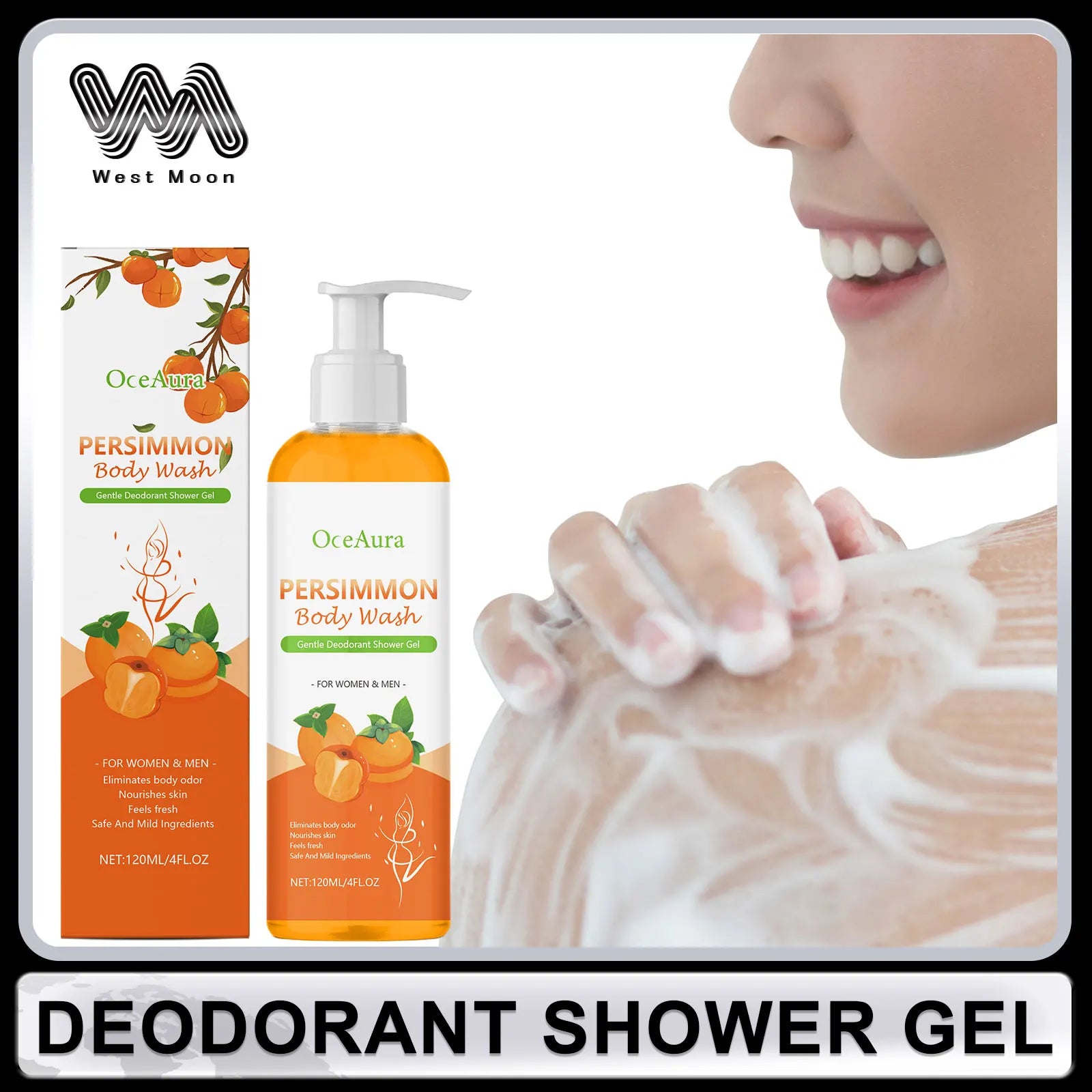 OCEAURA Persimmon Deodorizing Shower Gel Odor Remover Sweat Stains Body Cleaning Lasting Fragrance Smoothing Nourish Body Wash Oasis Select Moisturizing