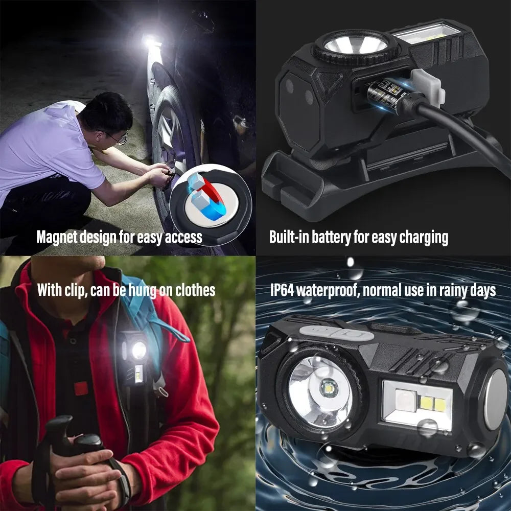 Mini LED Headlamp Motion Sensor Camping Fishing Lantern USB Rechargeable Headlight with Magnet Warning Lamp Cap Clip Lights Oasis Select