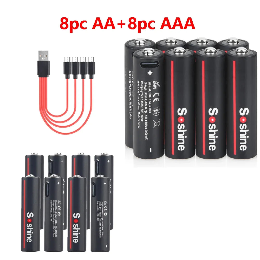 Soshine USB Lithium 600mWh 1.5V AAA Battery and 3500mWh 1.5V AA Rechargeable Batteries Li-ion AA and AAA Rechargeable Batteries Oasis Select 8pc AAAand AA 1.5V