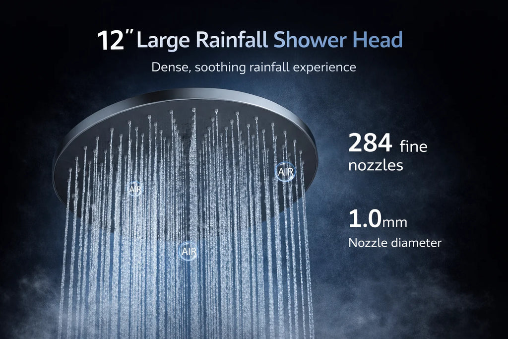 12 Inch Rainfall Shower Head, Large Round High Pressure Top Sprayer, Air Pressurized Water Saving Showerhead for Bathroom SPA Oasis Select