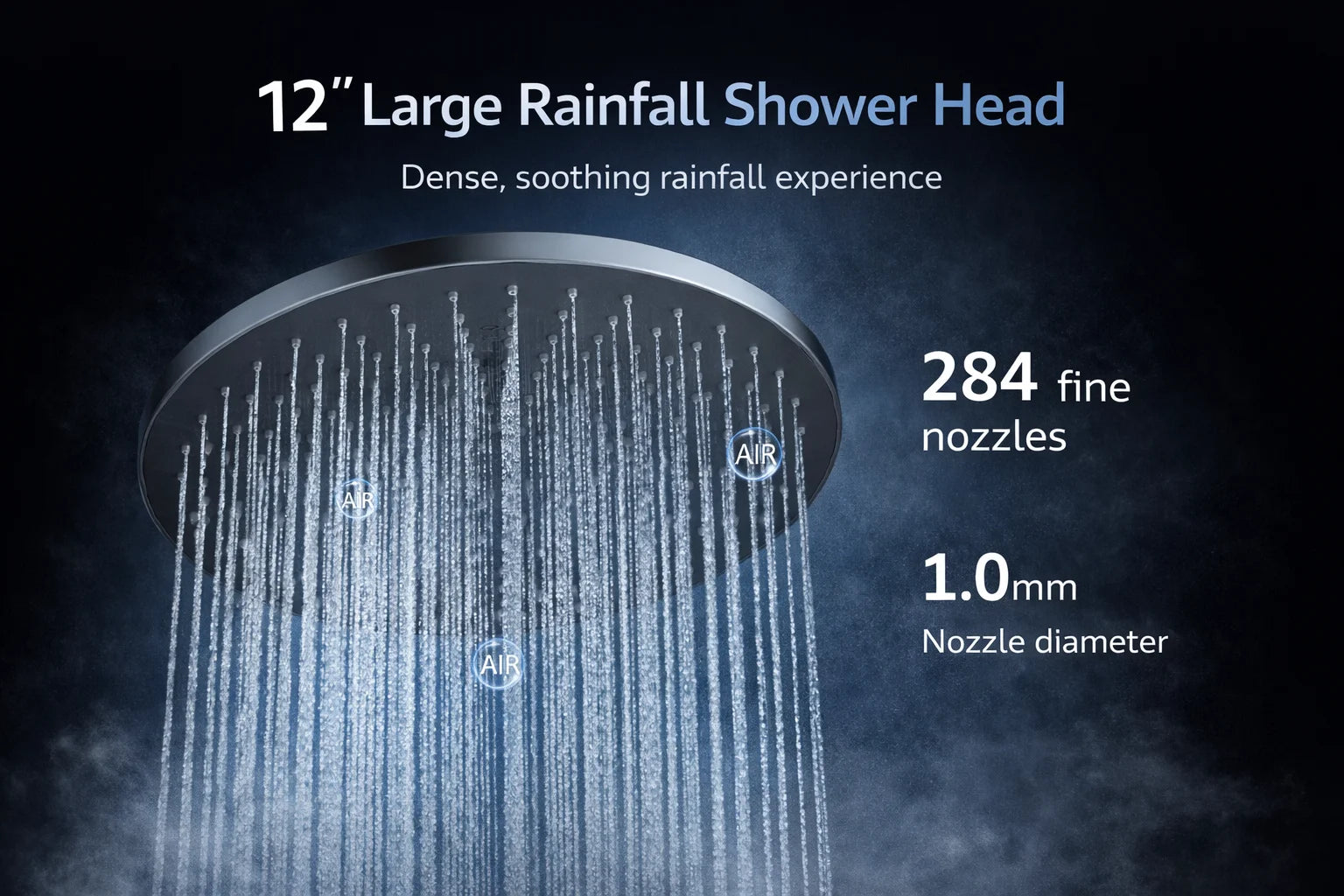 12 Inch Rainfall Shower Head, Large Round High Pressure Top Sprayer, Air Pressurized Water Saving Showerhead for Bathroom SPA Oasis Select