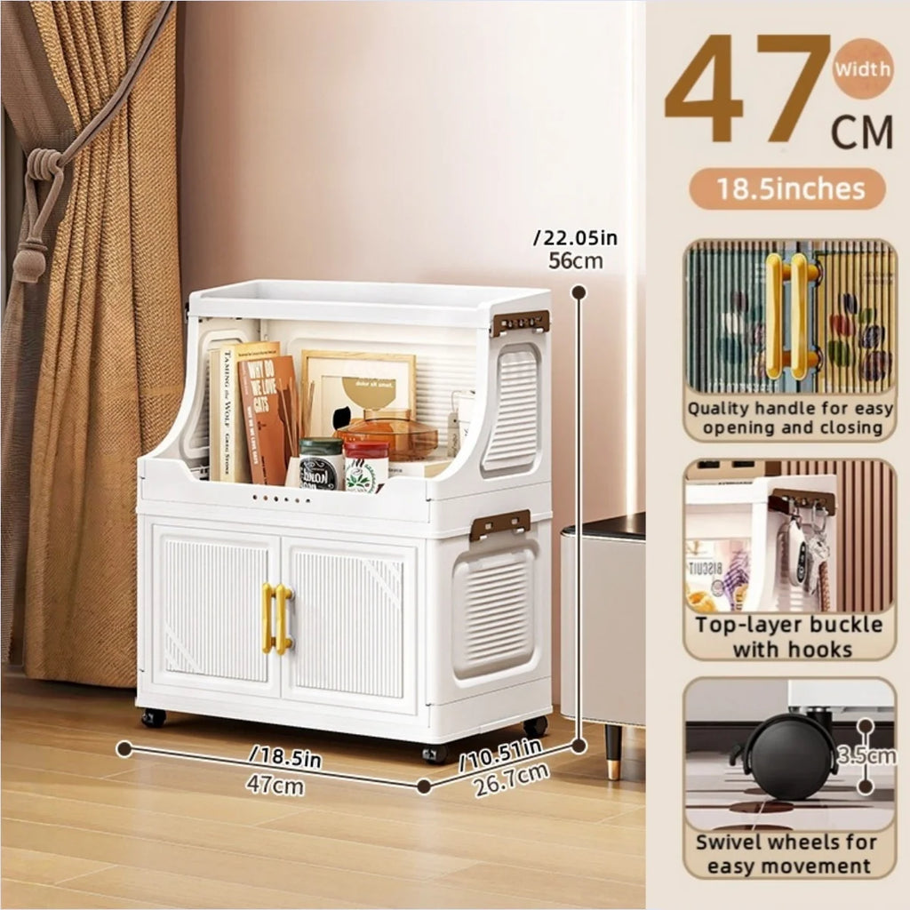 Large Foldable Flip-Top Transparent Storage Cabinet with Wheels - Space-Saving Mobile Organizer for Kitchen Bedroom Living Room Oasis Select 2 Tiers White