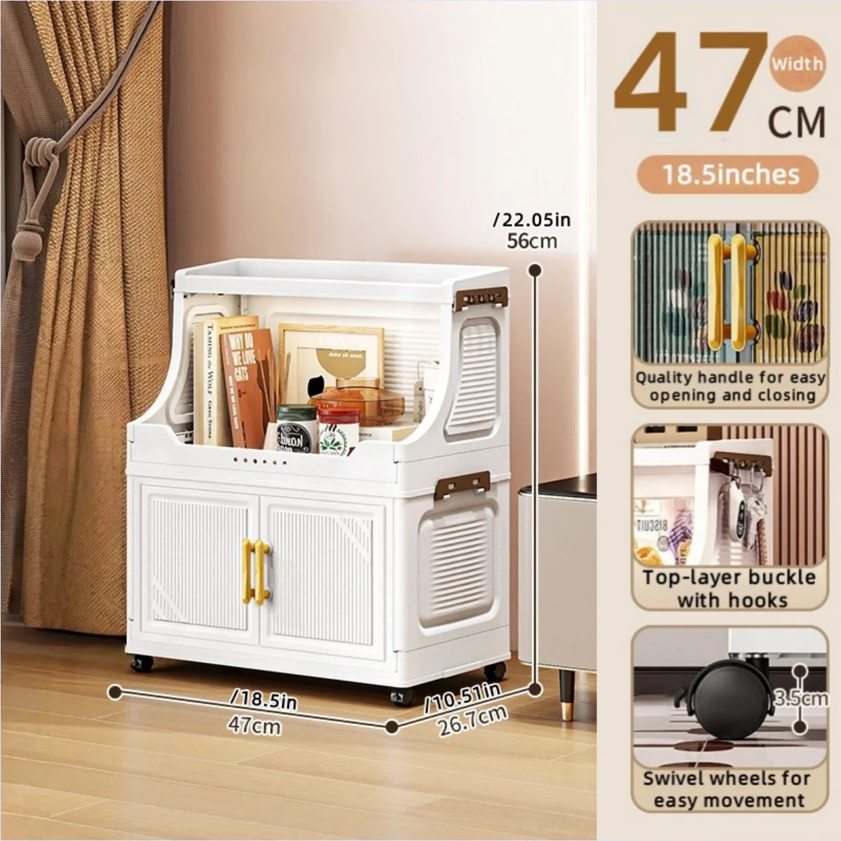 Large Foldable Flip-Top Transparent Storage Cabinet with Wheels - Space-Saving Mobile Organizer for Kitchen Bedroom Living Room Oasis Select 2 Tiers White