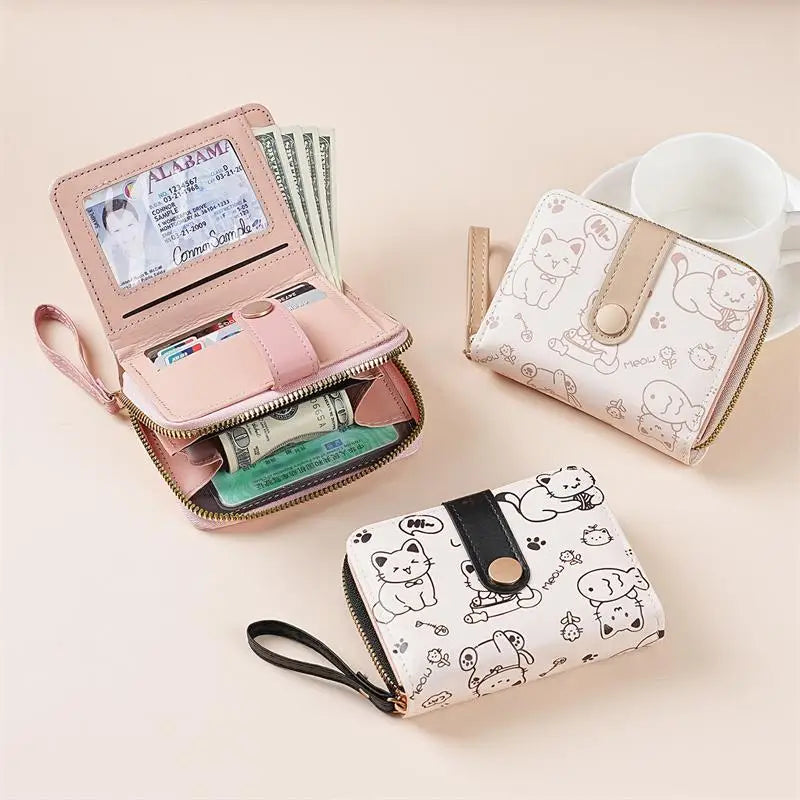 Japanese Cute Cat Girls Wallet Short Student ID Bank Card Holder Money Bag Zipper Wallets For Women Key Storage Purse Coin Purse Oasis Select