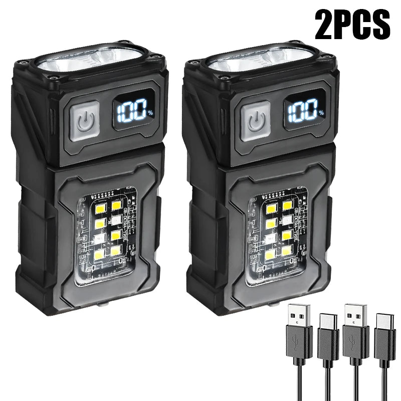 Multi-function Mini LED COB Flashlight Dual Light Source Super Bright Portable Torch Type-C Rechargable Camping Emergency Lamp Oasis Select 2pcs