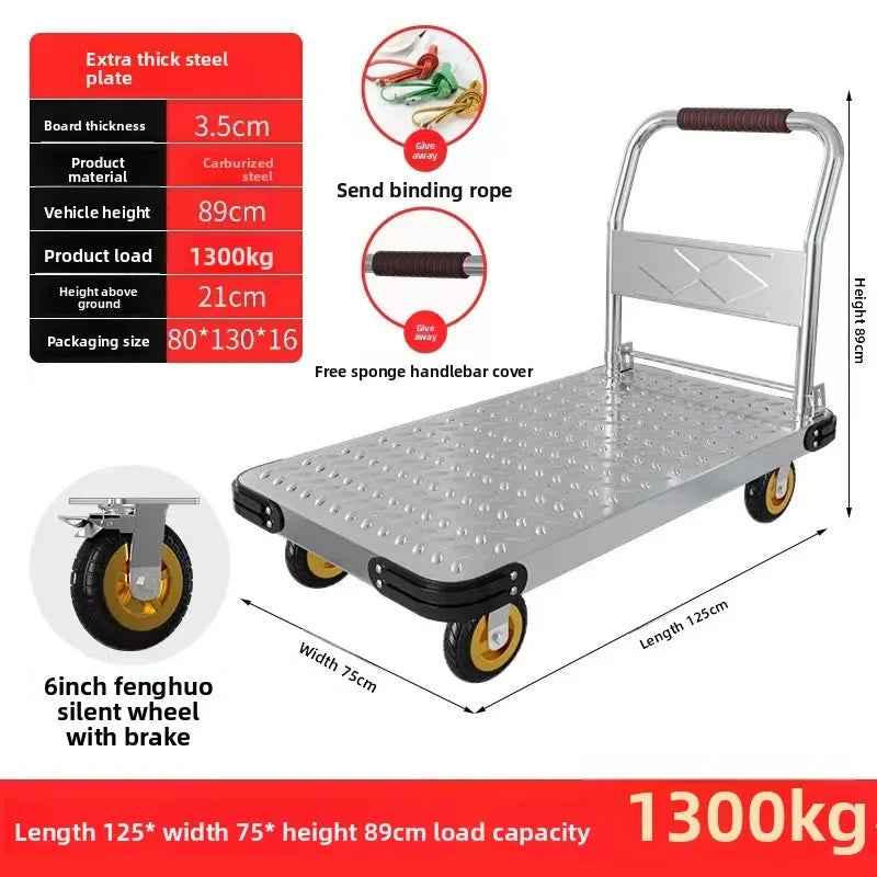 Steel plate pulling trolley trolley trolley handling thickened foldable portable silent trailer pulling flat truck Oasis Select