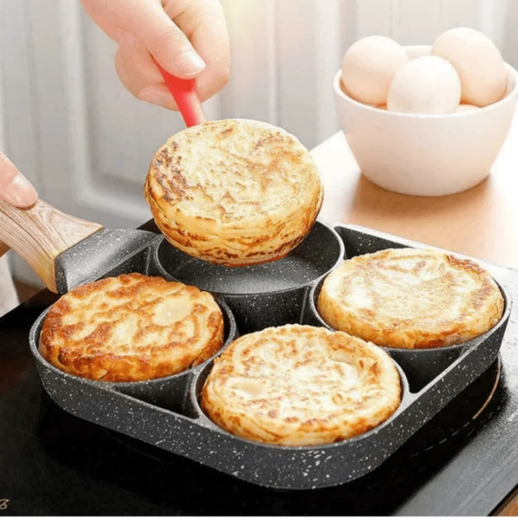 Frying pan, non-stick ham pancake maker, egg burger pan, with wooden handle, 4-hole, suitable for induction cooktops and gas sto Oasis Select