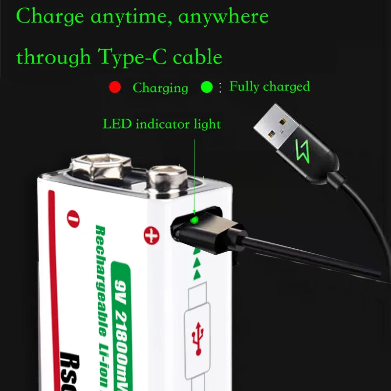 Long-Lasting 9V Lithium ion Rechargeable Battery 21800mWh High Capacity for Guitar Microphone Smoke Detector Pedal with Cable Oasis Select