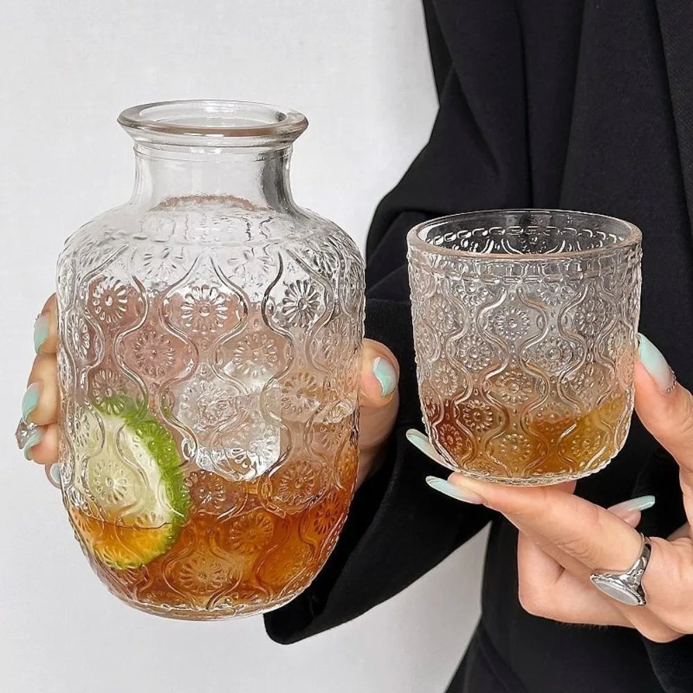 Flower Glass Teapot Vintage Water Cold Kettle Juice Glass Coffee Cup Water Glass Set Bedside Night Carafe for Midnight Drink Oasis Select