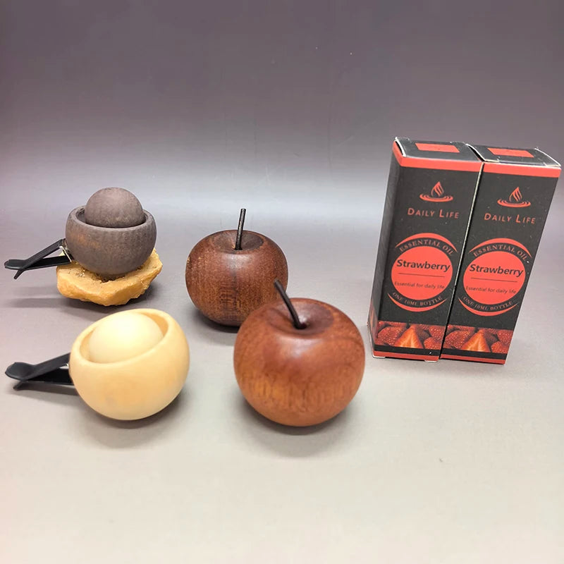Wooden Oil Diffuser with Essential Oil Set，2pcs Apple Style+2pc Sphere+2 Bottles Essential Oil,for Bedroom Living Room Car Decor Oasis Select strawberry set