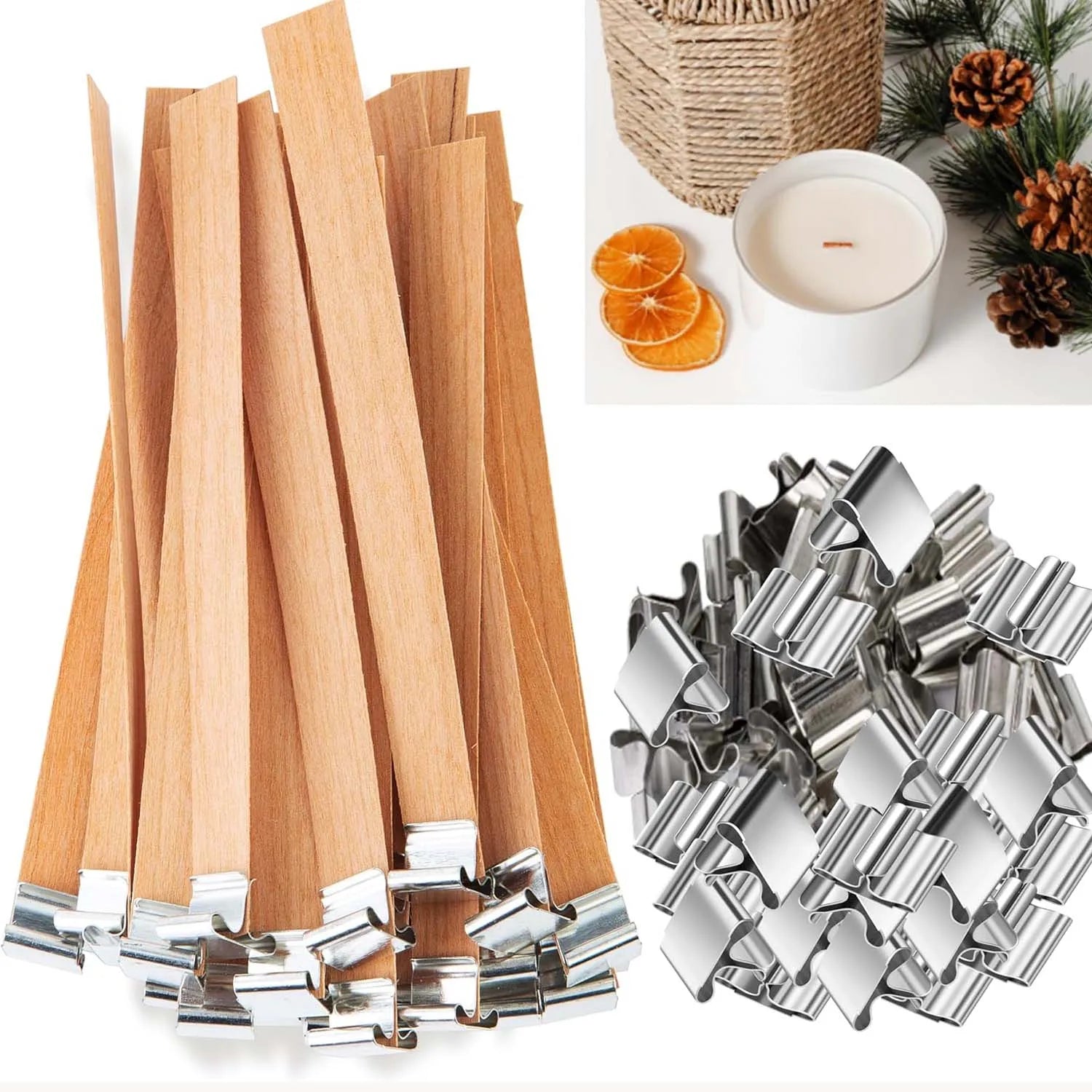 Natural Wooden Candle Wicks x30 + 30 Metal Bases – 13cm