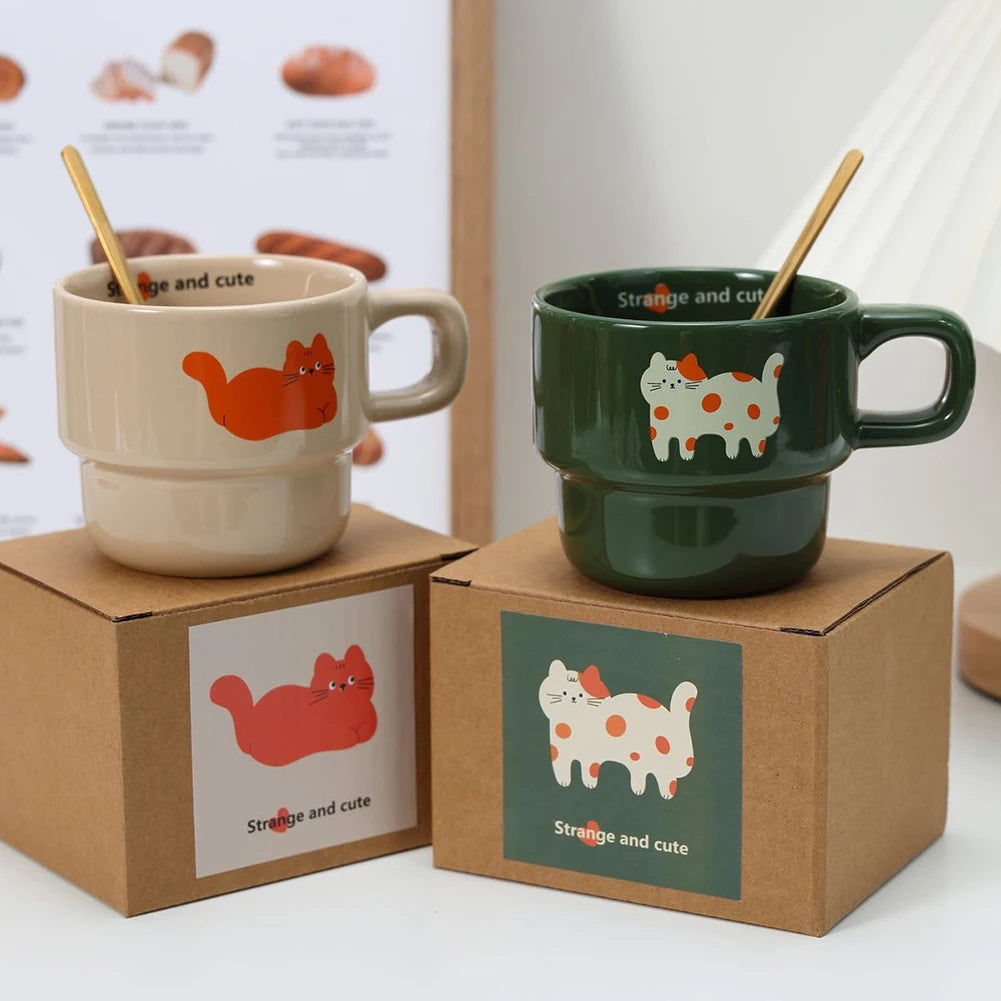 Japanese Stackable Cute Cat Ceramic Coffee Mug | Cartoon Cup