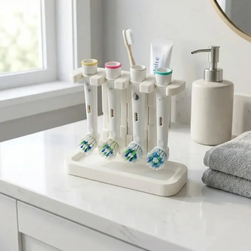 3D Printed Plastic Toothbrush Head Organizer 4 Slots Countertop Holder, Bathroom Storage Rack To Keep Brush Heads Dry Oasis Select