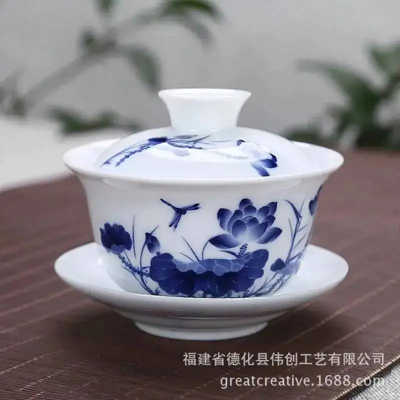 3.8-inch White Porcelain Big Cover Bowl Ceramic Tea Sancai Cover Bowl Blue And White Tea Bowl Oasis Select Lotus Fragrance