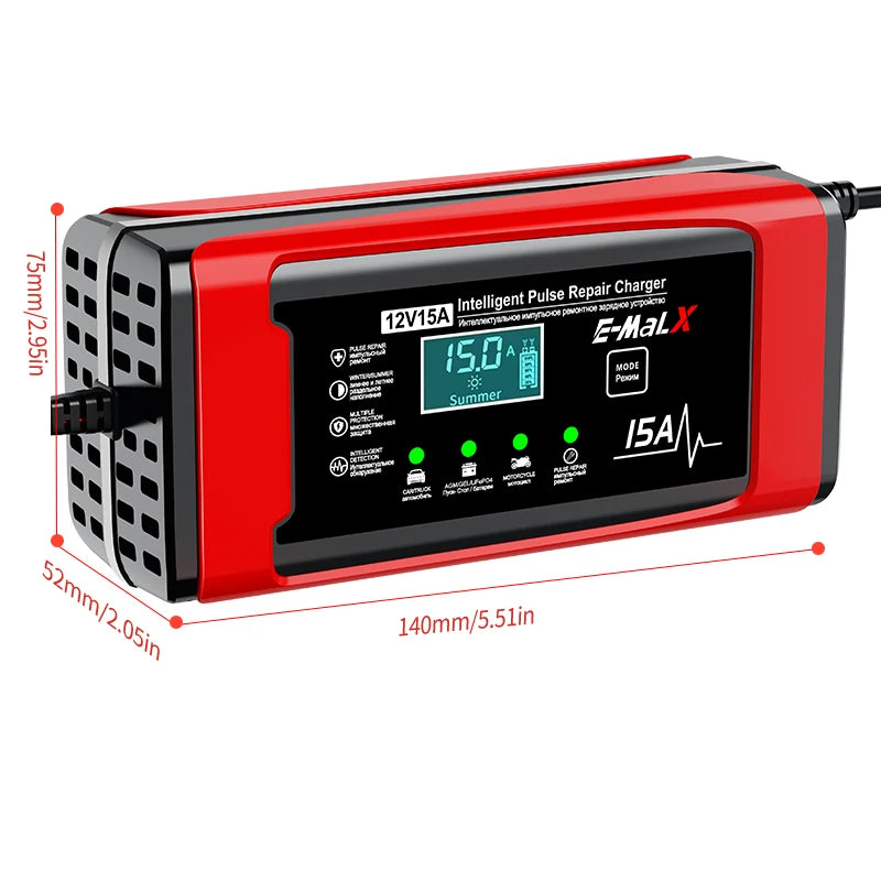 12V 15A Smart Pulse Repair Charger 14.6V Lifepo4 Battery Charger Digital Display Battery Charger For Lead Acid AGM GEL Battery Oasis Select