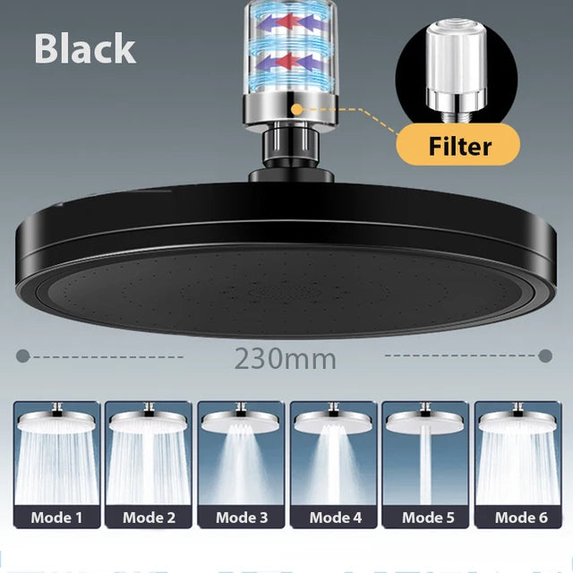 6 Modes Rainfall Shower Head Bathroom High Pressure Top Rain Shower Heads Shower Faucet Accessories With Filter Oasis Select Black with filter