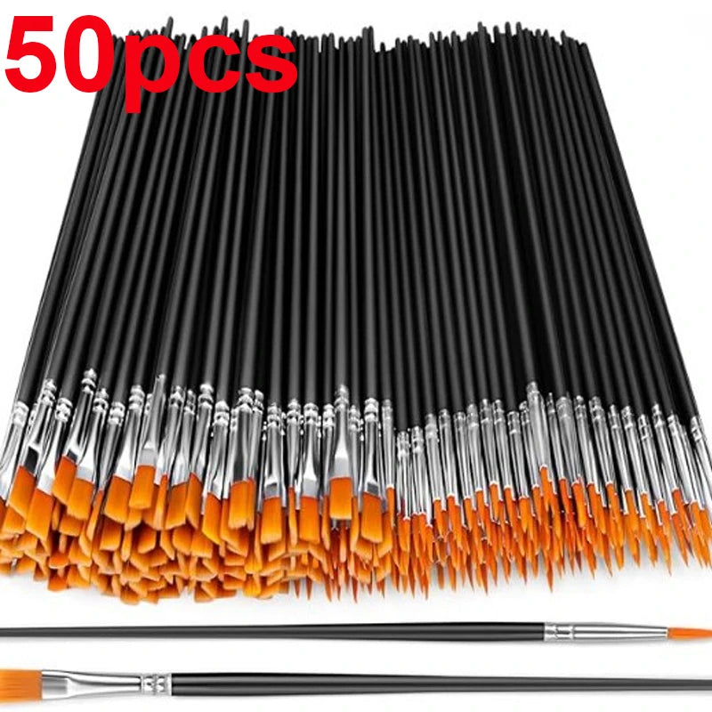 50pcs Paint Brushes | Flat and Round Tipped Pen Tips, Durable Patterned Handle, Suitable for Acrylic, Watercolor, and Facial Oasis Select
